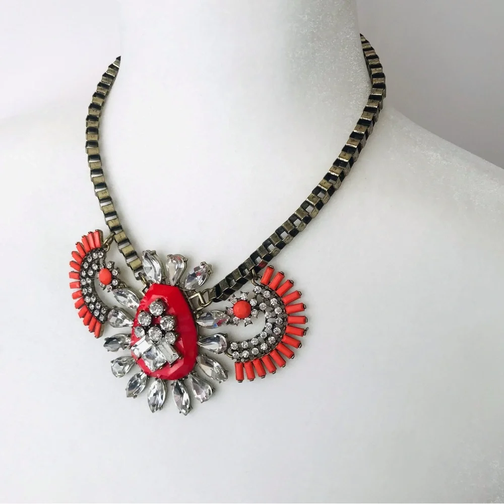 Gold Tone Faux Orange Stone and Crystal Statement Necklace